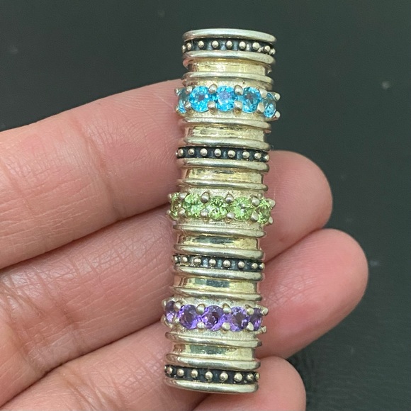 Vintage CID 925 Sterling Signed Amethyst Blue Topaz Peridot Bar Pendant Brooch - Picture 8 of 16